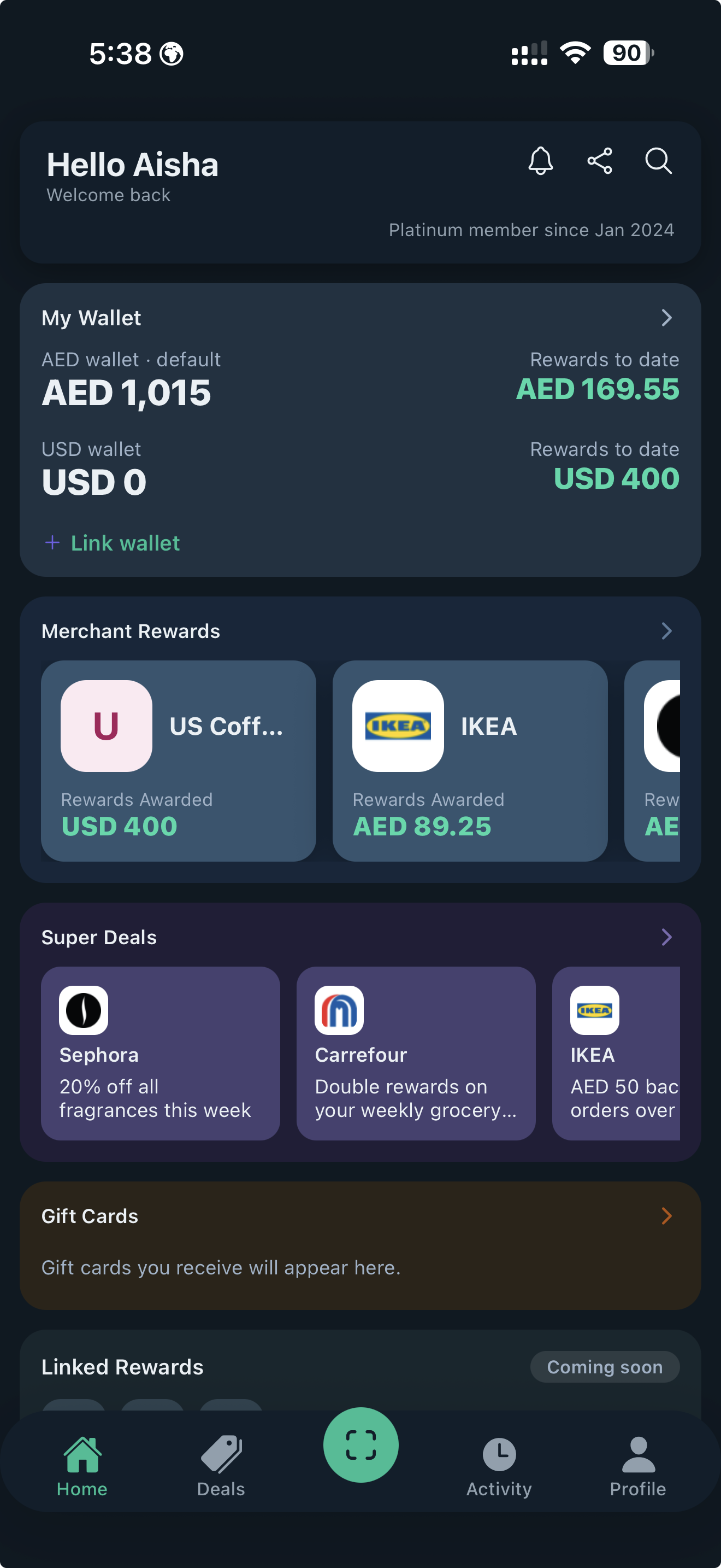 RewKash consumer wallet app β balance and recent Cash Rewards