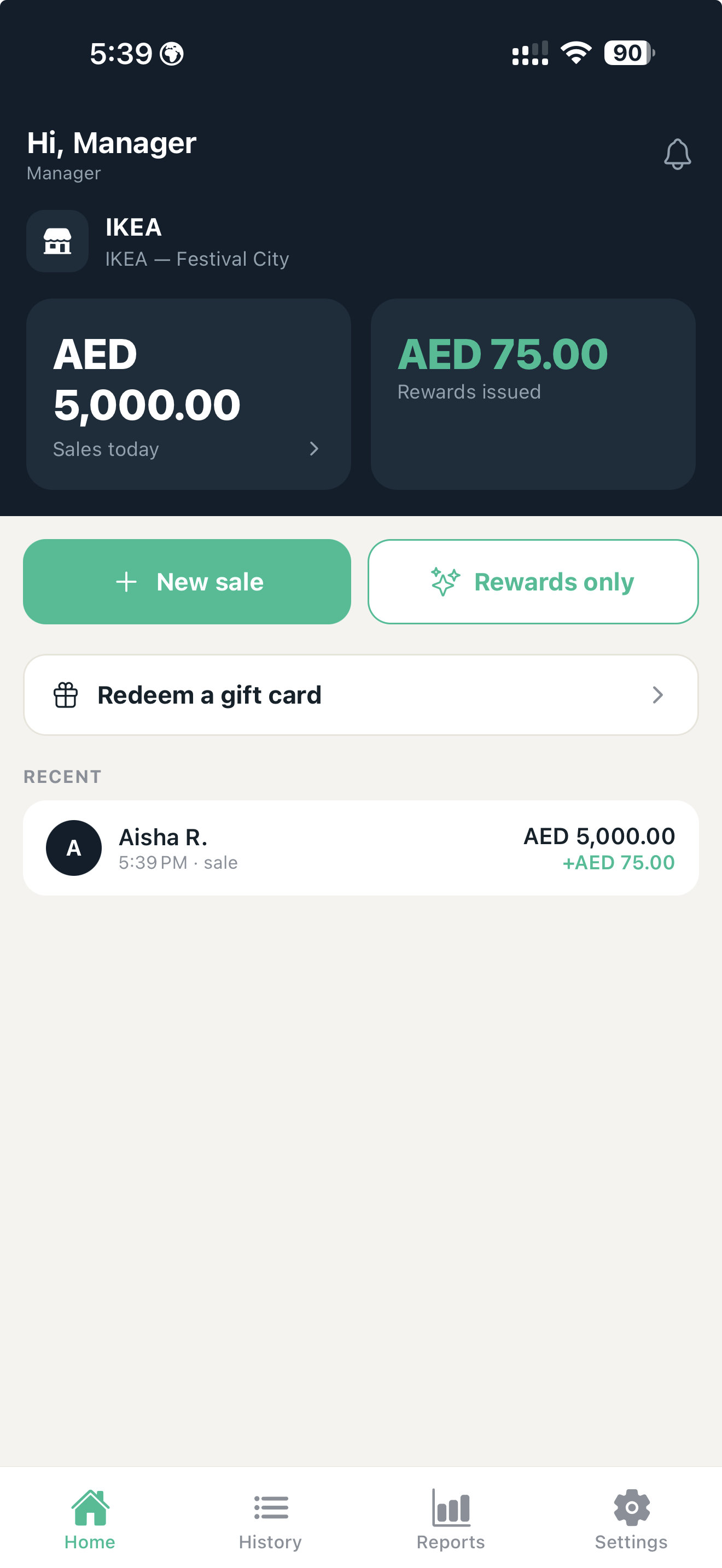 RewKash POS app β sales, Cash Rewards issued and a new sale